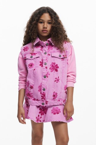 Denim brezrokavnik s cvetličnim vzorcem