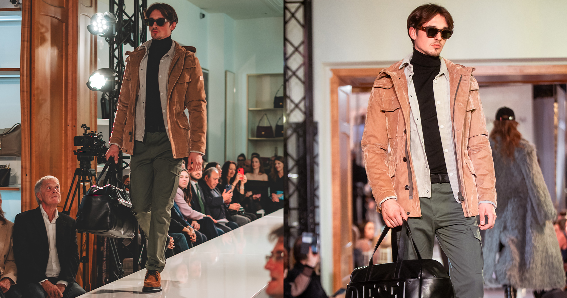 Male model in a beige jacket, black turtleneck, and green trousers carries a large travel bag.