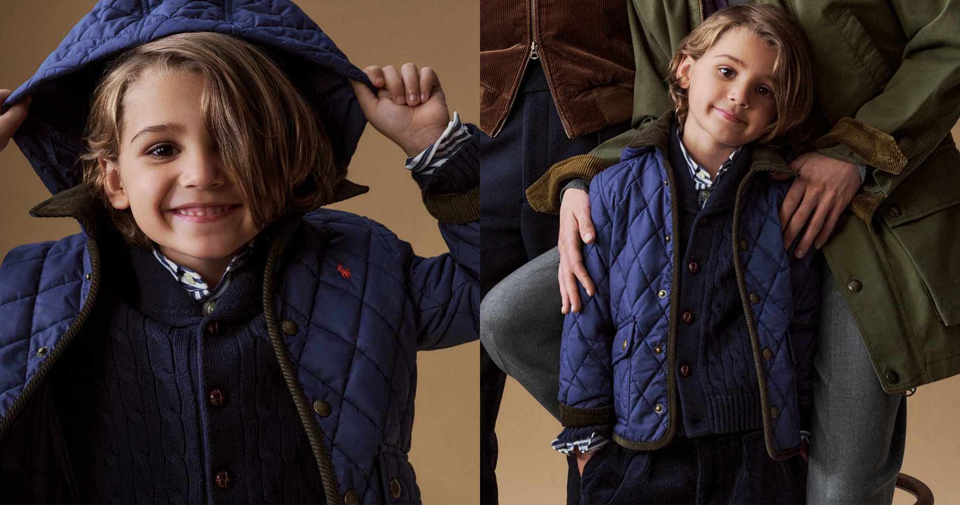 Nasmejan otrok v modri prešiti jakni s kapuco blagovne znamke Ralph Lauren.