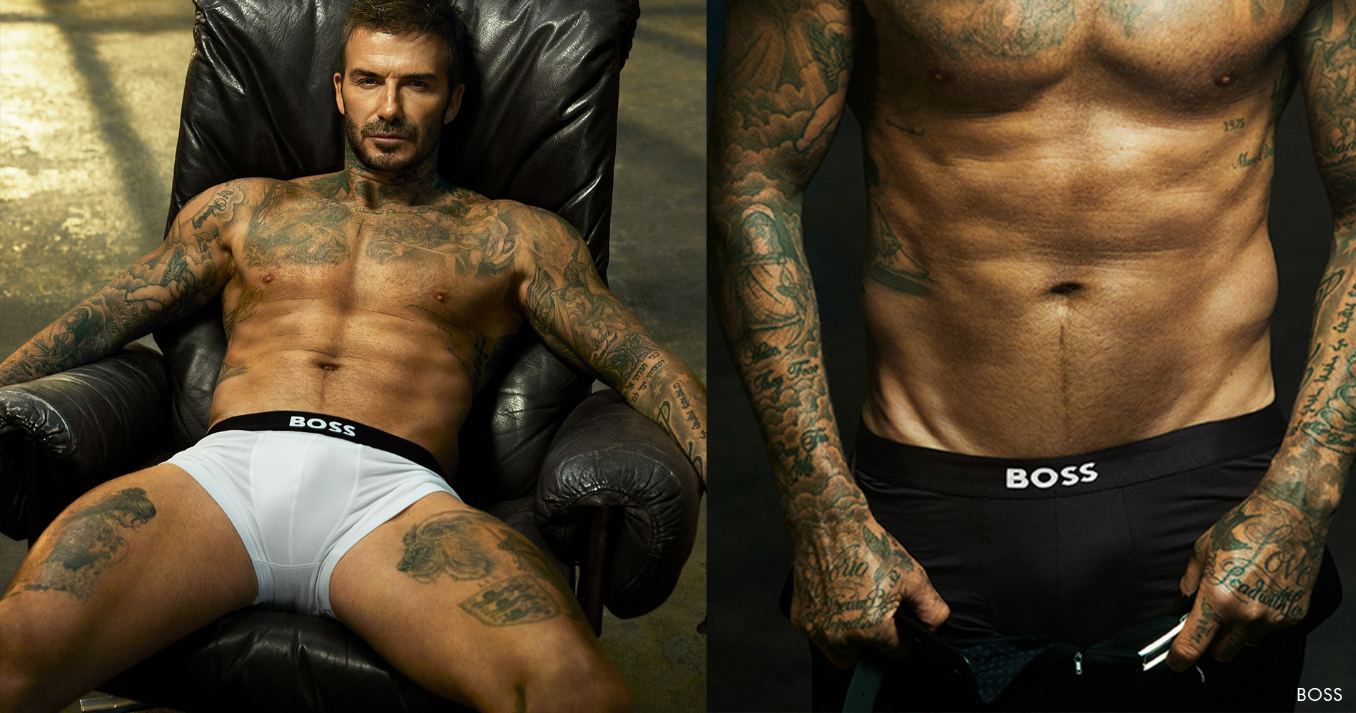 Moški v belih BOSS spodnjicah, sproščeno sedi v usnjenem stolu.