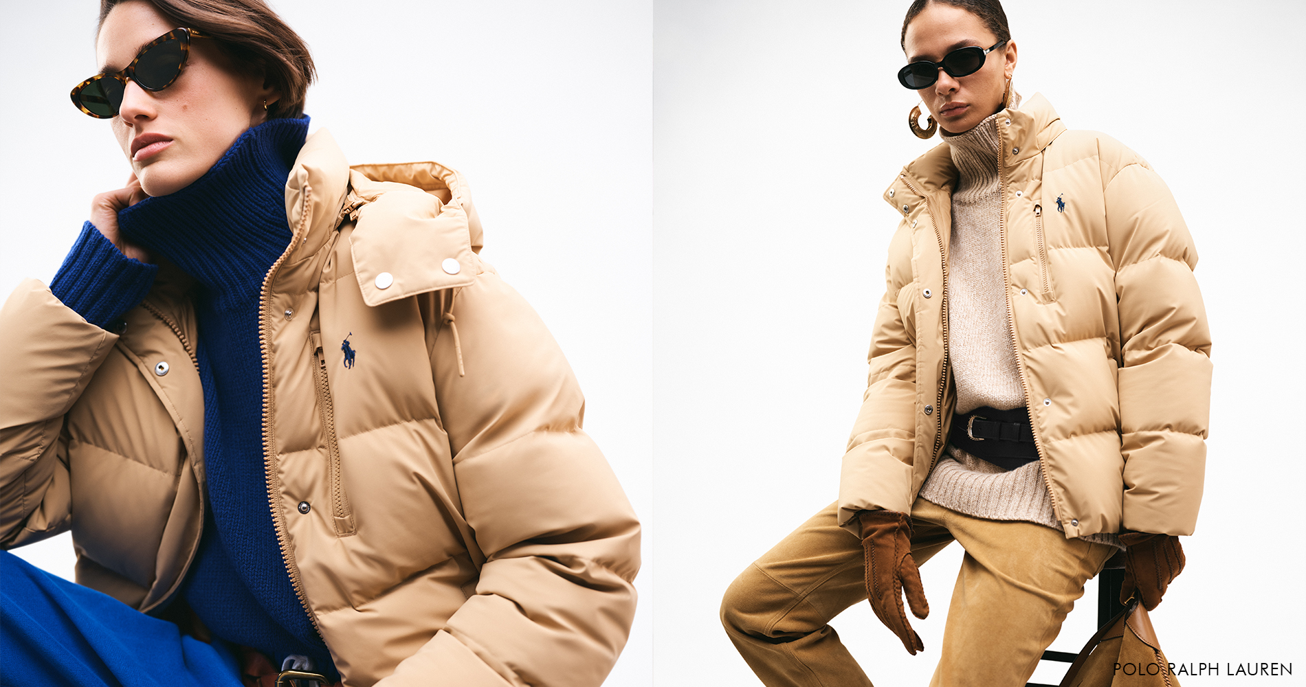 Dve ženski v toplih prešitih zimskih bundah v nevtralnih peščenih tonih, kombiniranih s pleteninami in elegantnimi dodatki, predstavljata sodoben in udoben zimski slog.