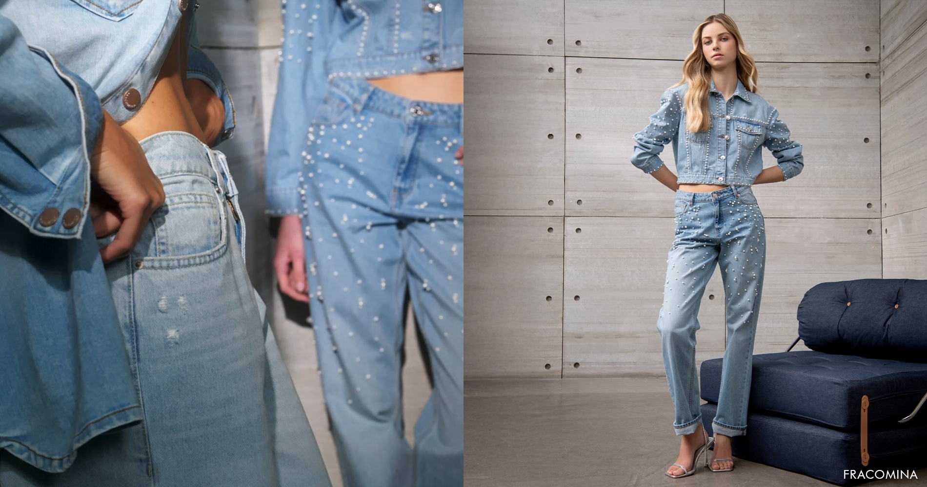 Mlada ženska v jeans hlačah z biseri in ujemajoči denim jakni stoji ob modernem fotelju.