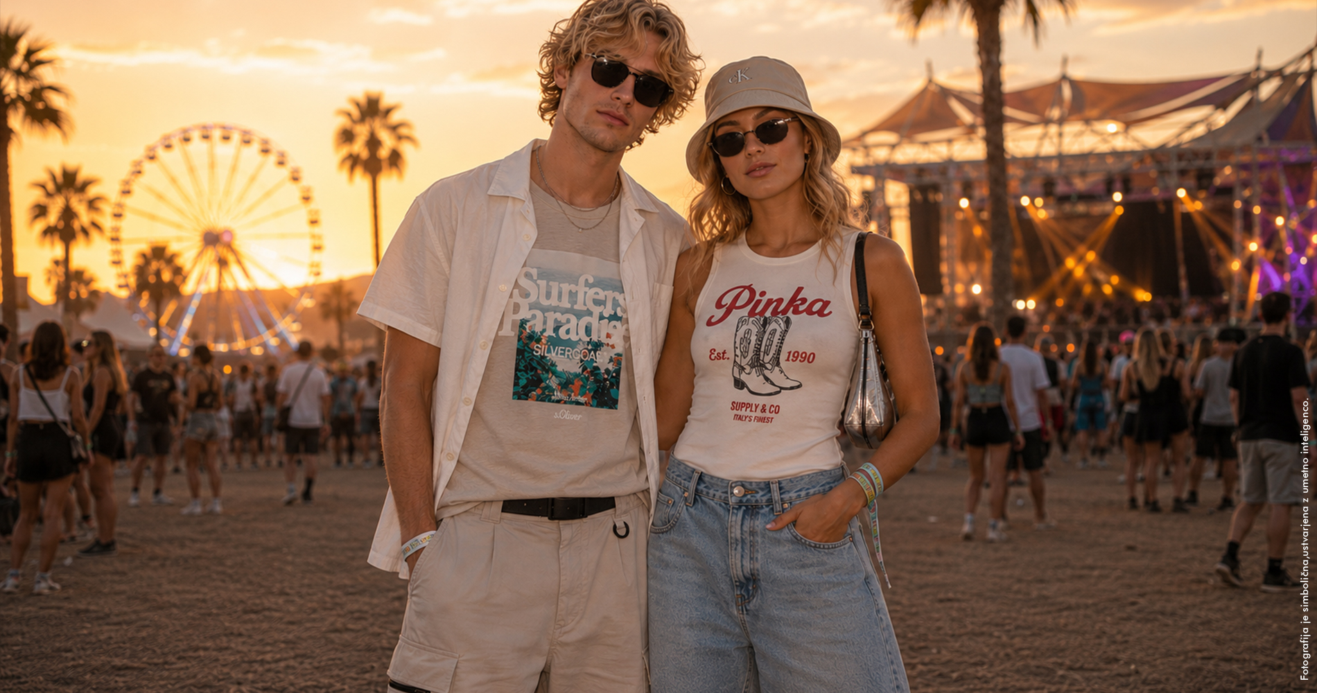 Mlad par na glasbenem festivalu v sproščenem večernem vzdušju.