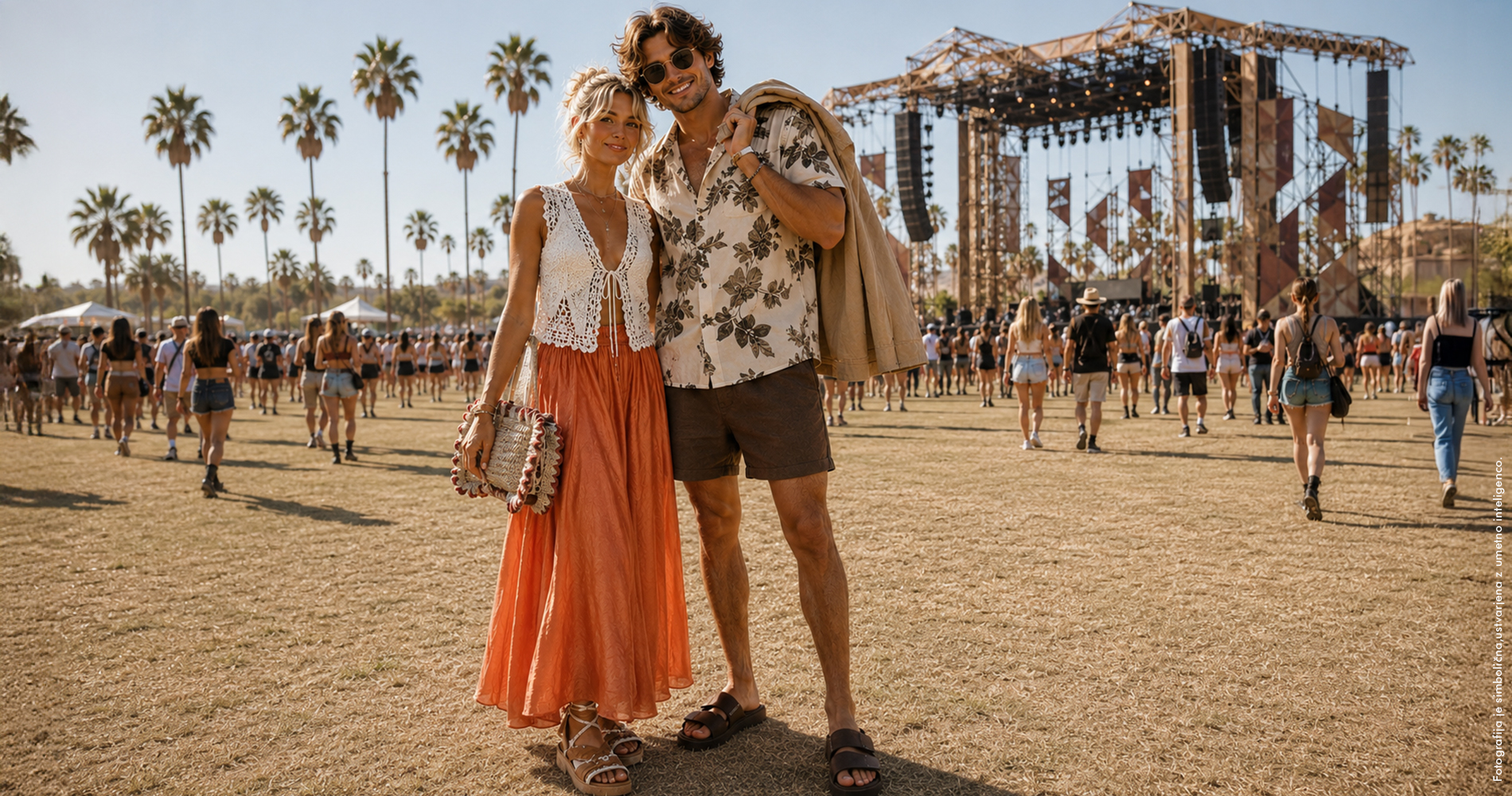 Bohemsko oblečen nasmejan par pred odrom glasbenega festivala.