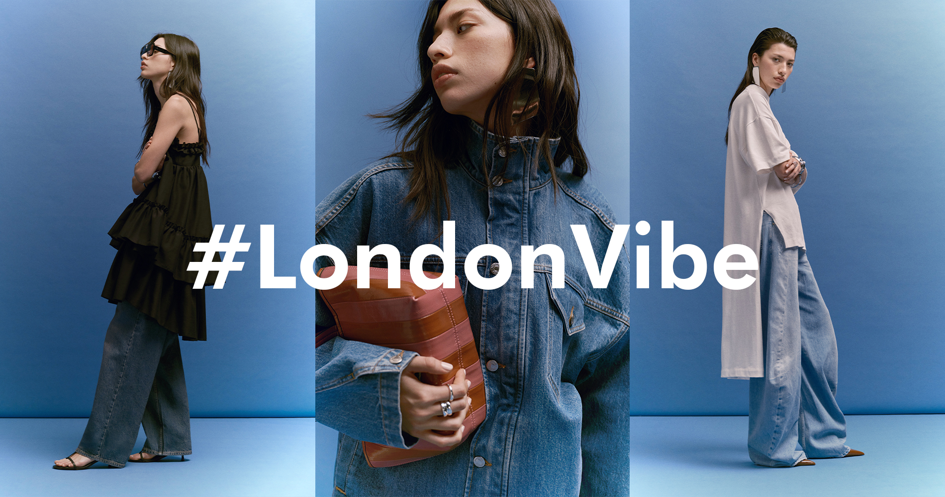 Kolaž treh fotografij prikazuje modele v sodobnih kombinacijah z denim kosi, plastenjem in minimalističnimi silhuetami na modrem ozadju. Vizual dopolnjuje napis #LondonVibe, ki poudarja navdih londonskega modnega sloga.