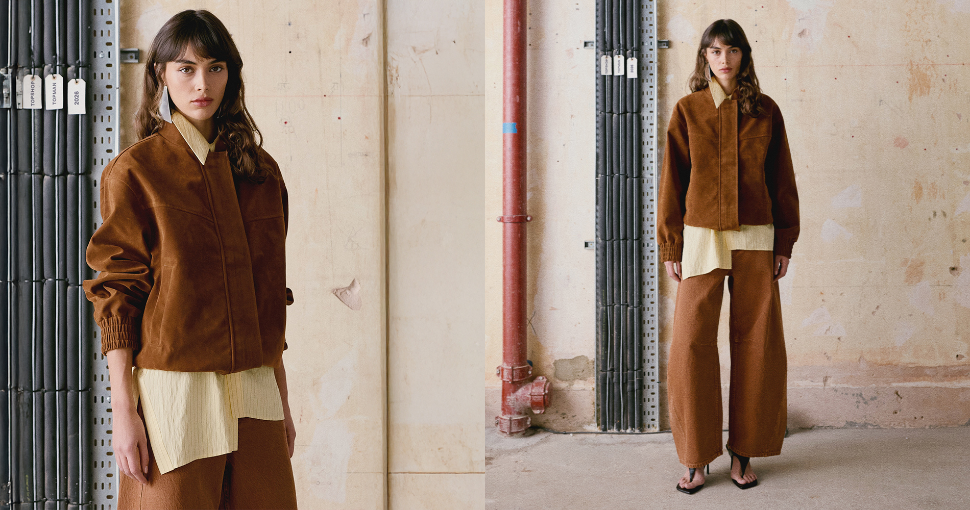 Kolaž dveh fotografij prikazuje model v rjavi jakni in širokih hlačah v ujemajočem odtenku, kombiniranih s svetlo plasteno srajco. Sproščena silhueta in nevtralni toni ustvarjajo sodoben, minimalističen videz.